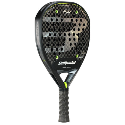 The Bullpadel XPLO 2026 Padel Racket - Black features a patterned face, round shape, perforated holes, and green accents—a powerful choice from Bullpadel for serious players.