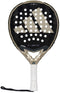 The ADIDAS Metalbone CTRL 3.4 Padel Racket by adidas, in black and beige with gold accents, showcases an Octagonal Structure with a perforated face and geometric logo. Its white handle includes a black wrist strap, and it features an advanced Weight and Balance System for sports enthusiasts.