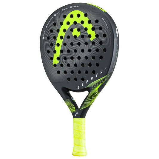 The HEAD Zephyr UL 2023 Padel Racket in black and neon yellow showcases a circular pattern of holes and a vibrant yellow grip, with the brand name "HEAD" clearly displayed. It is equipped with Graphene 360+ technology for enhanced performance.