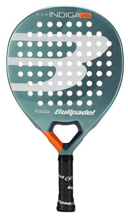 Image of the Bullpadel Indiga Ctr 2025 Padel Racket - Green, showcasing a sleek design with green and gray tones. This ultralight racket features a prominent white "B" logo, orange accents at the handle, and multiple round holes on the surface for superior control and maneuverability.