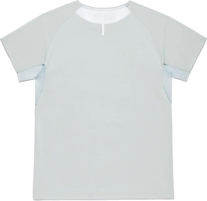The Yonex 10713EX Crew Neck Mens Padel T-Shirt in Silver Grey features short raglan sleeves and mesh side panels, displayed flat on a white background with a back view.