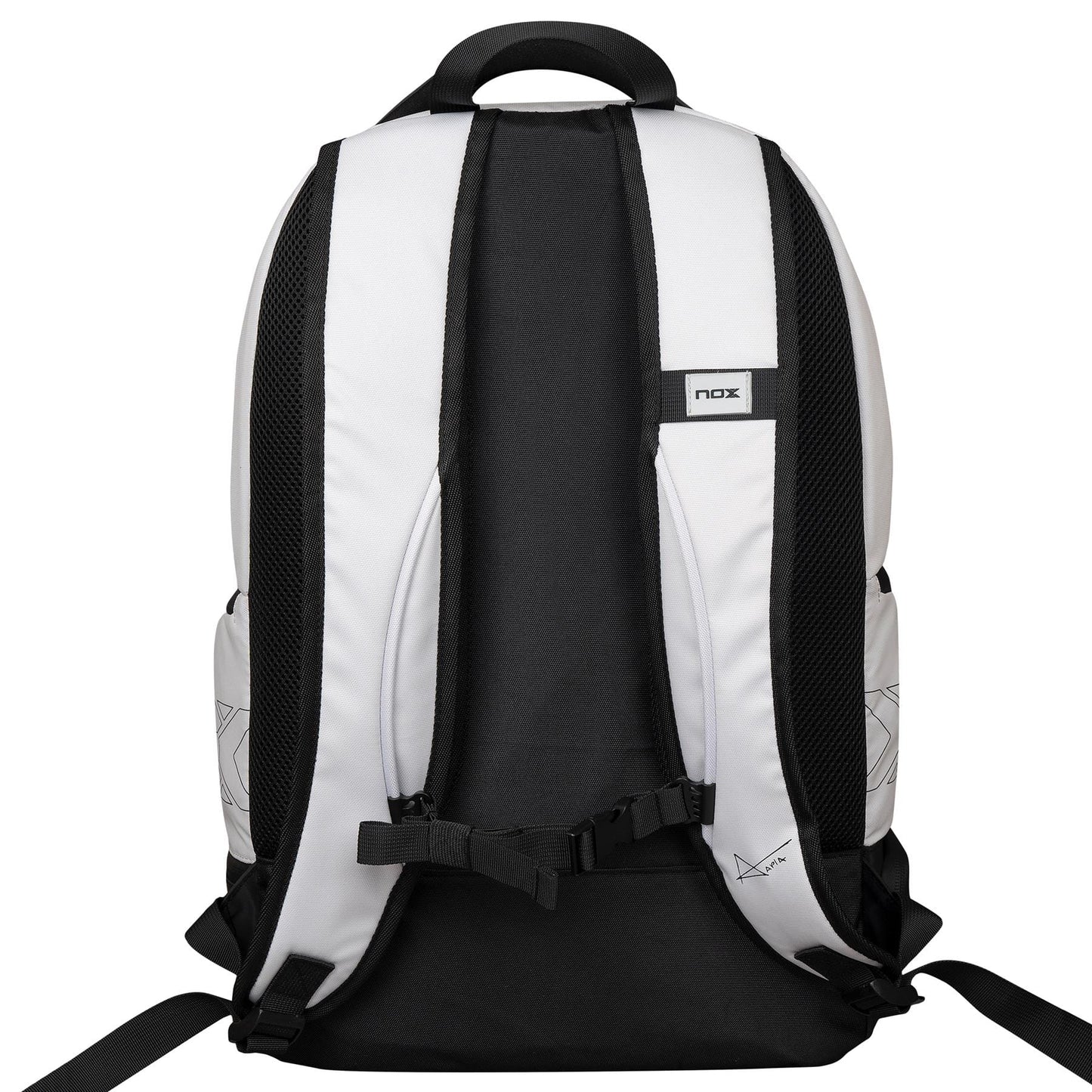The NOX Luxury Master Series Padel Backpack in Black/White features padded shoulder straps, a carrying handle, a small NOX logo, mesh panels, and an adjustable chest strap—perfect as a sports backpack.