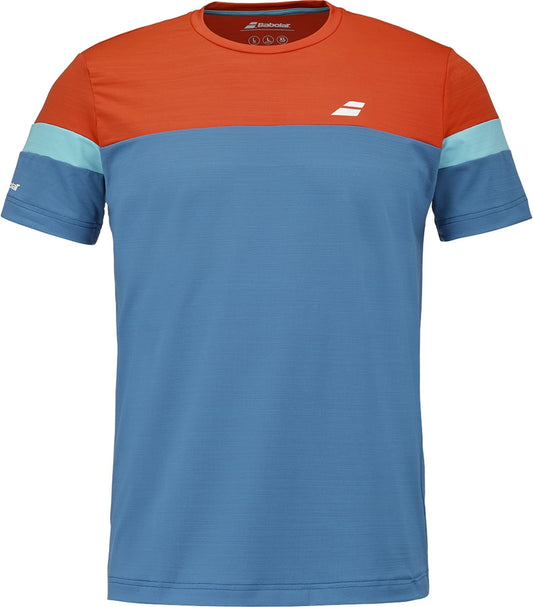 The Babolat Crew Neck Mens Padel T-Shirt - Seaport features a red upper, light blue body and sleeves, turquoise sleeve bands, crew neck design, and a small white Babolat logo on the chest.