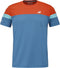 The Babolat Crew Neck Mens Padel T-Shirt - Seaport features a red upper, light blue body and sleeves, turquoise sleeve bands, crew neck design, and a small white Babolat logo on the chest.