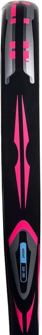 A close-up of the adidas ADIDAS Arrow Hit Junior White / Pink Padel Racket featuring bright pink and silver geometric designs and a small blue rectangular label near the bottom.