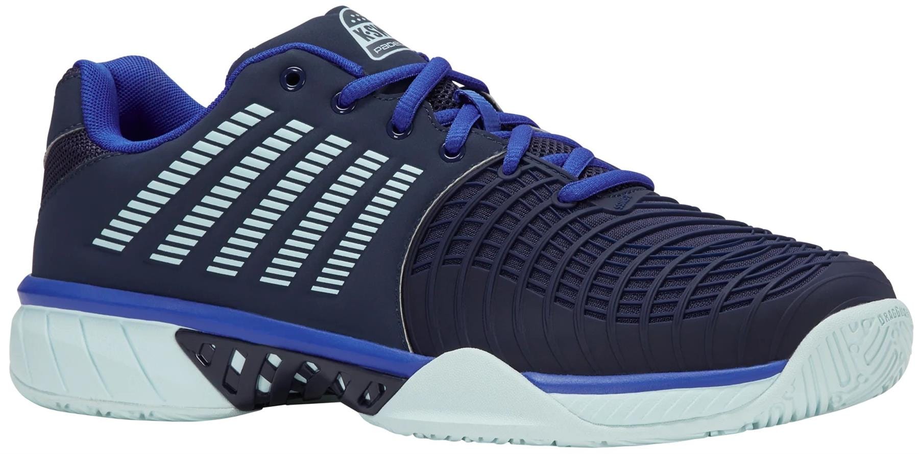 The K-Swiss Express Light 3 Men's Padel Shoes in Naval Academy/Ice Castle/Dazzling Blue feature blue hues, striped sides, blue laces, and a two-tone sole—perfect for padel games or as versatile tennis shoes on the court.