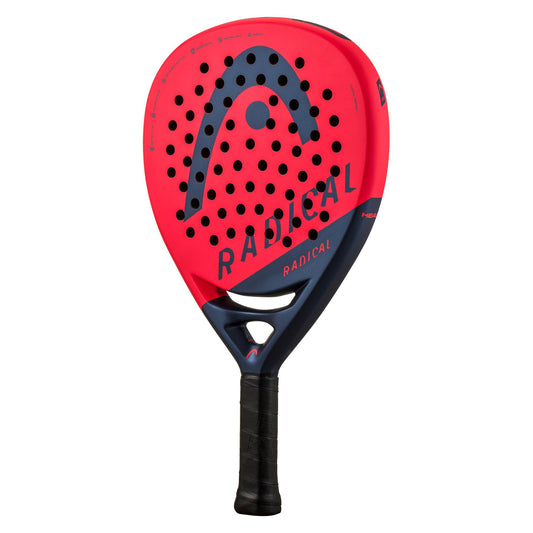 The HEAD Radical Elite 2024 Padel Racket in orange features a red and black design with a perforated surface and black grip. The face prominently displays "RADICAL ELITE," while the top has a curved pattern in contrasting colors, incorporating Auxetic technology for outstanding control during gameplay.