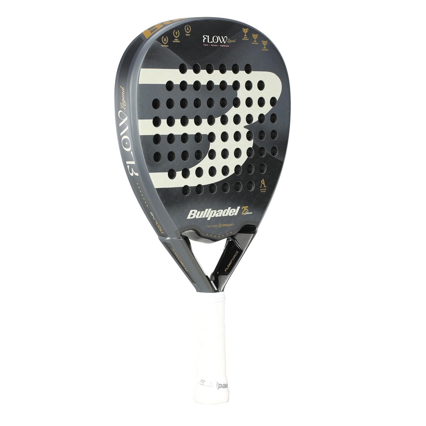 The Bullpadel Flow Legend 2026 Padel Racket in black features a white grip, perforated surface, Flowforce technology, and the Flow logo—an ideal women's padel racket from Bullpadel.