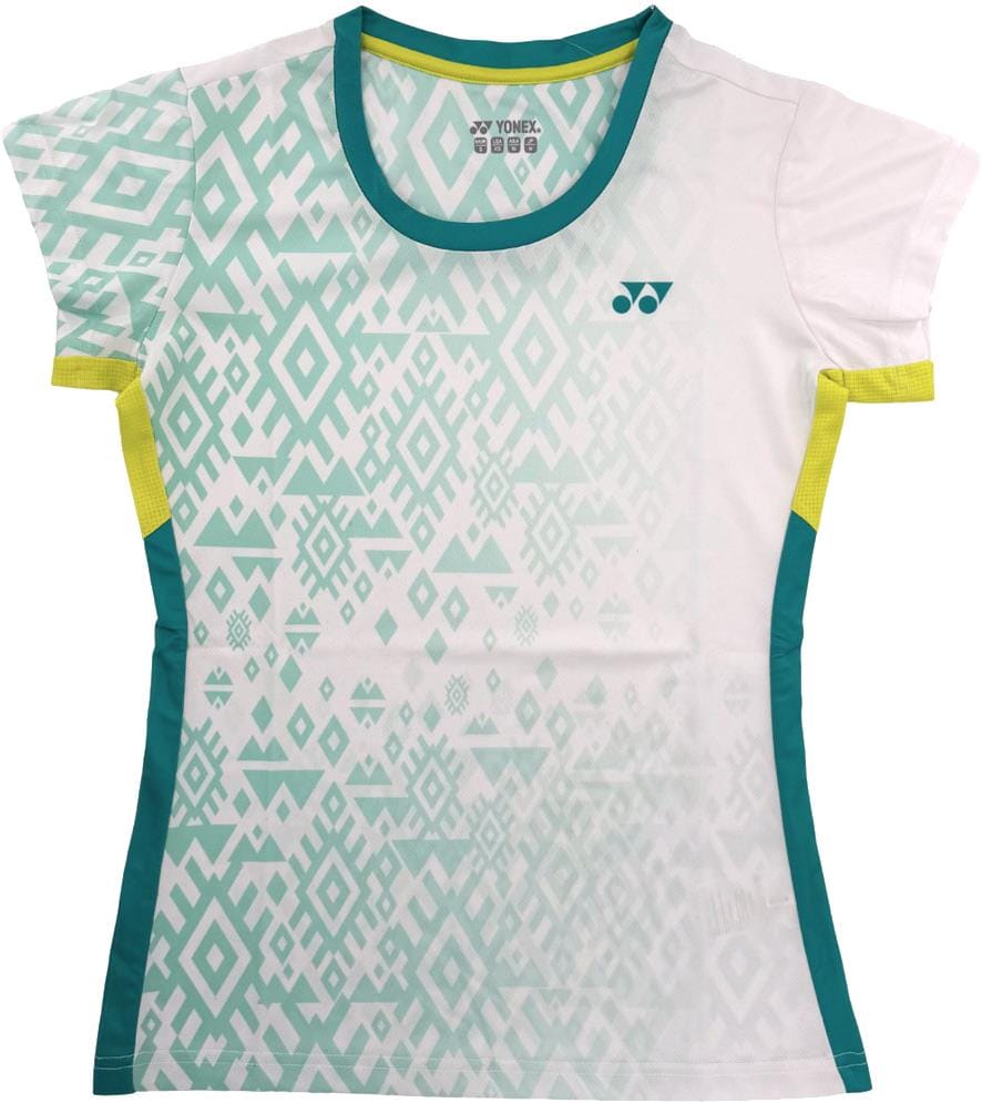 The Yonex YTL11 Womens Padel T-Shirt - White features a turquoise geometric pattern, teal side panels, yellow sleeve accents, and the Yonex logo on the chest—blending sporty style and comfort for women.