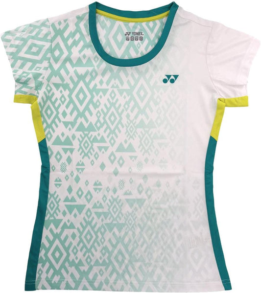 The Yonex YTL11 Womens Padel T-Shirt - White features a turquoise geometric pattern, teal side panels, yellow sleeve accents, and the Yonex logo on the chest—blending sporty style and comfort for women.