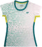 The Yonex YTL11 Womens Padel T-Shirt - White features a turquoise geometric pattern, teal side panels, yellow sleeve accents, and the Yonex logo on the chest—blending sporty style and comfort for women.