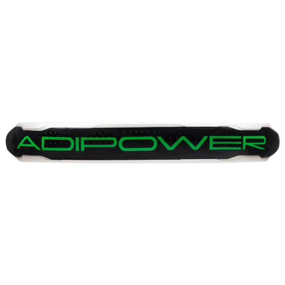 Close-up of a sleek white padel racket handle, emblazoned with "ADIPOWER" in bold green letters. Ideal for intermediate players, this ADIDAS Adipower Team Light 3.3 design ensures superior grip and control.