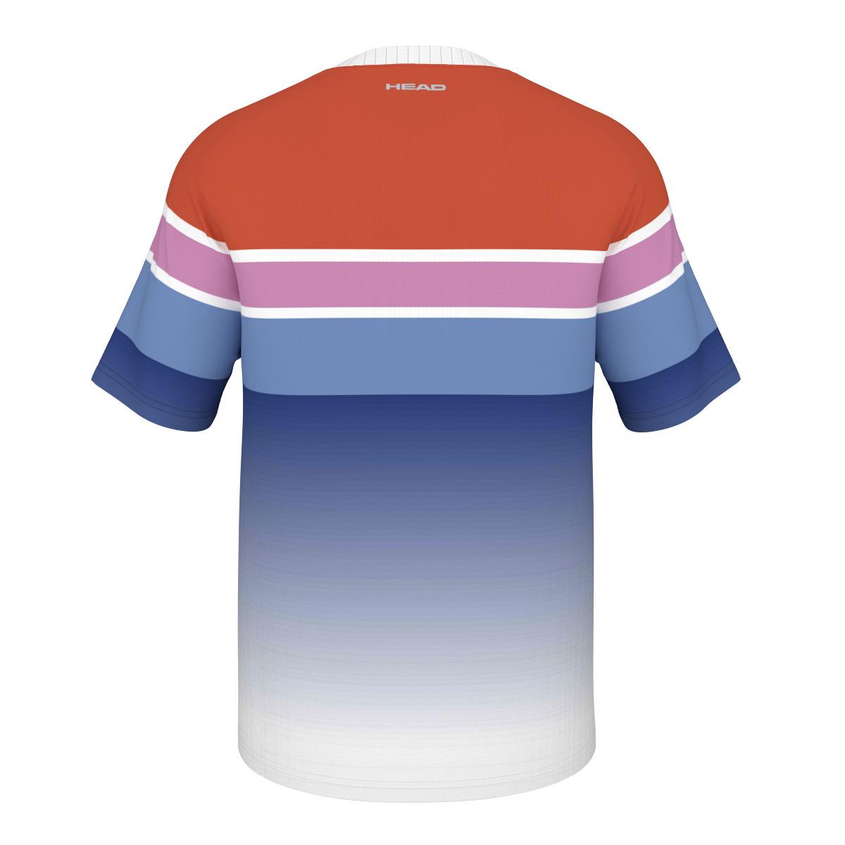 The back view of the HEAD Performance Men's Paris Padel T-Shirt - OARO showcases a color-block style with a red upper section and horizontal stripes in shades of pink, white, and blue. The design gradually shifts to a deeper blue at the bottom. Ideal for the French Open, this t-shirt features Moisture Transfer Microfibre technology for enhanced comfort.