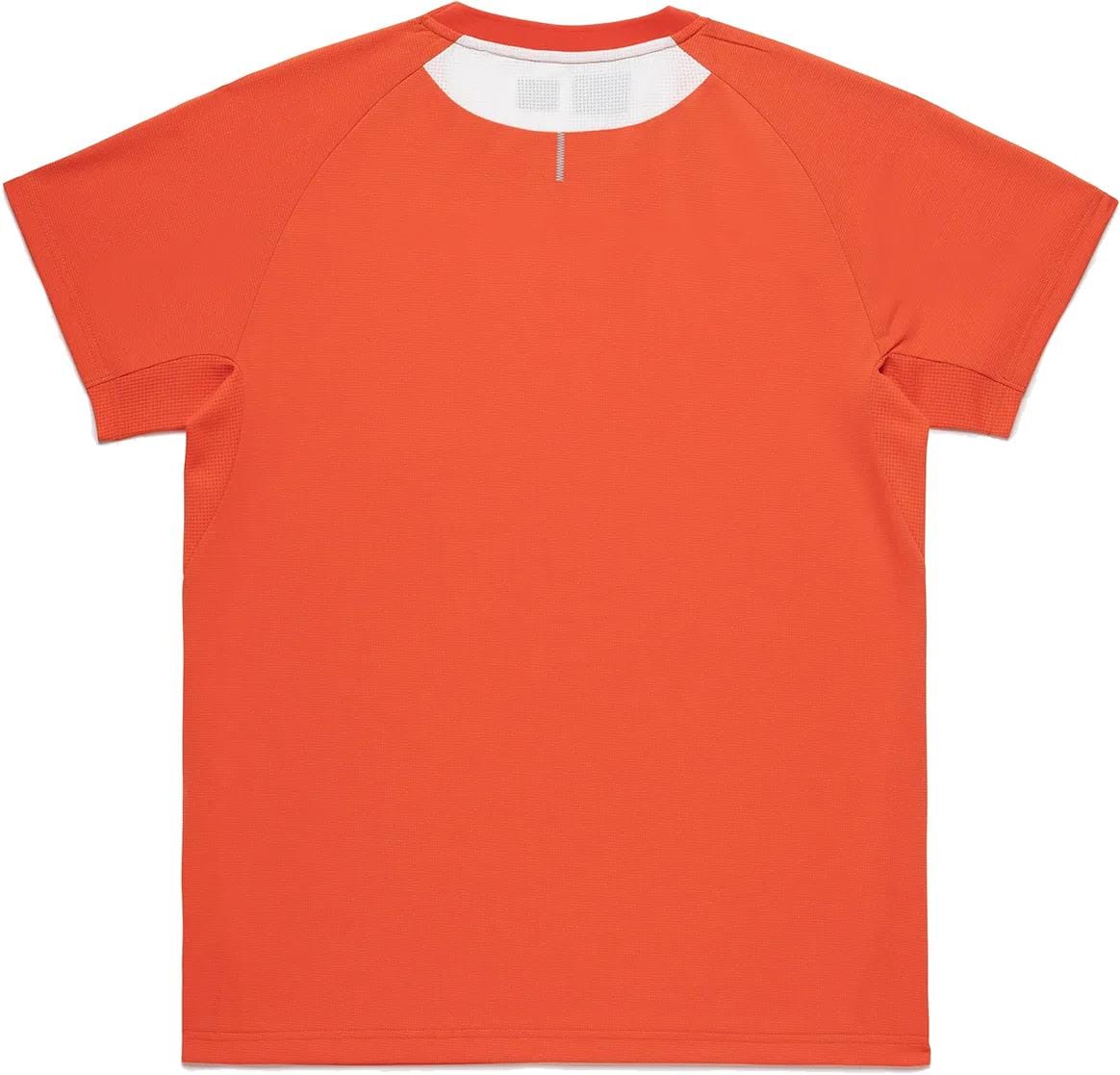 The Yonex 10711YX Crew Neck Men's Padel T-Shirt in Cyber Orange is shown laid flat, back side up. Made from performance fabric, it features a plain design with short sleeves and no visible logos or patterns. Brand: Yonex.