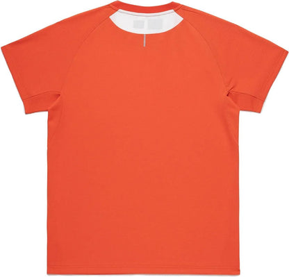 The Yonex 10711YX Crew Neck Men's Padel T-Shirt in Cyber Orange is shown laid flat, back side up. Made from performance fabric, it features a plain design with short sleeves and no visible logos or patterns. Brand: Yonex.
