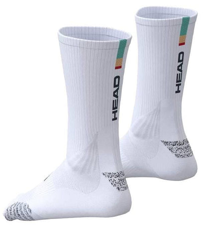 The HEAD Colour Crew Padel Socks in white/turquoise feature a ribbed texture, black "HEAD" logo on the sides, colorful stripes at the top, Nanofront yarn for better grip, and gray-speckled soles.