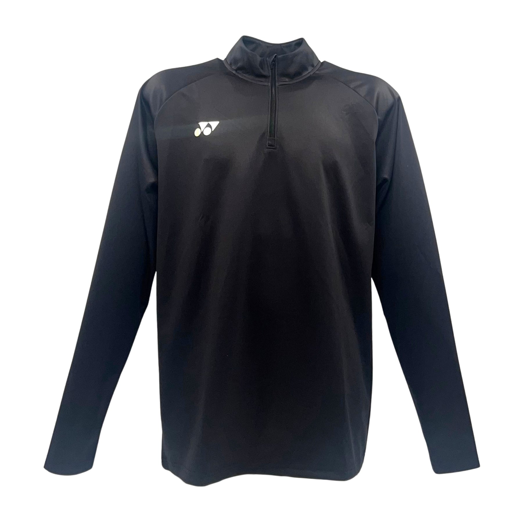 The Yonex YMDL2024 Unisex Padel Midlayer in black features a quarter-zip and a white logo on the left chest. Crafted with lightweight insulation, it boasts smooth, breathable fabric perfect for active wear.