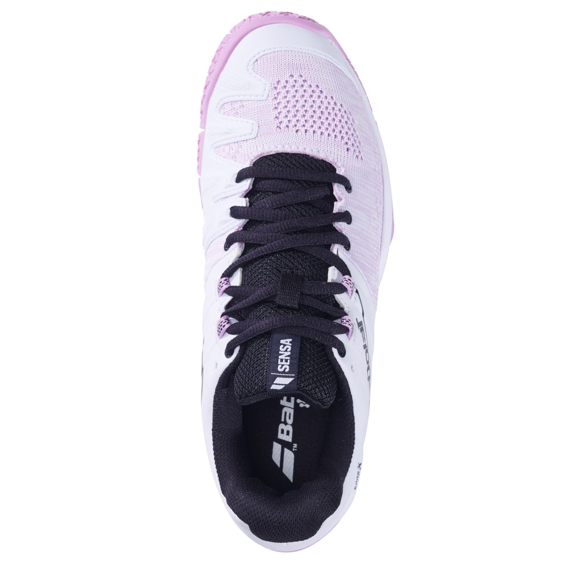 Top view of Babolat Sensa Womens Padel Shoes in white/lilac with black laces, mesh toe detail, Michelin rubber outsole, and visible Babolat logos on the tongue and insole.