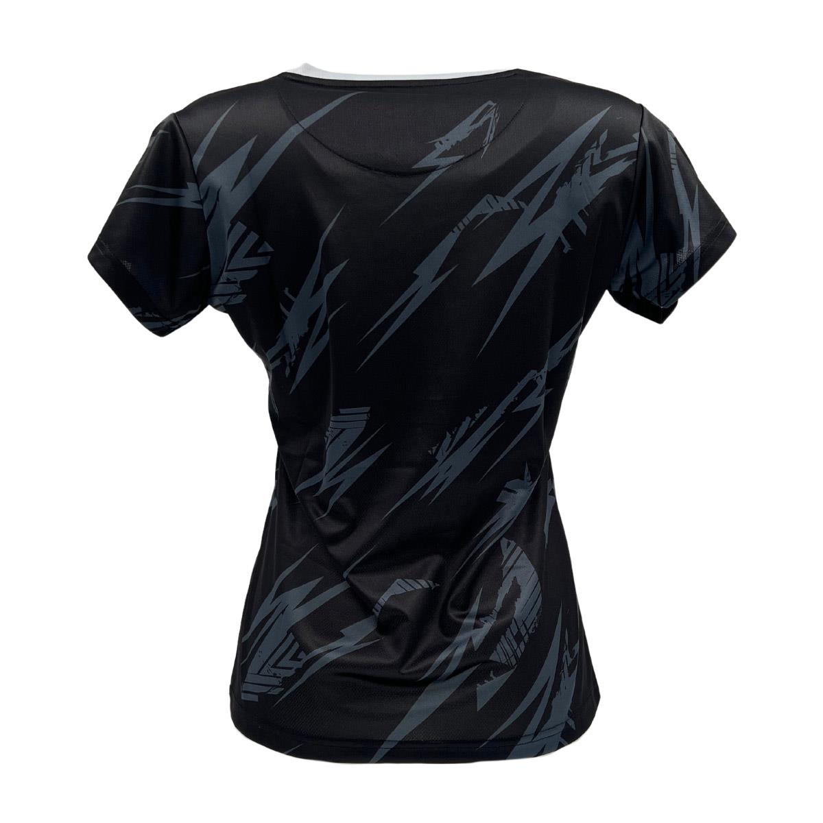 The Yonex YTL8 Women's Padel T-Shirt, crafted from moisture-wicking polyester, is designed for female athletes. This black Yonex tee features silver abstract jagged lines and short sleeves, displayed on a white background from the back.