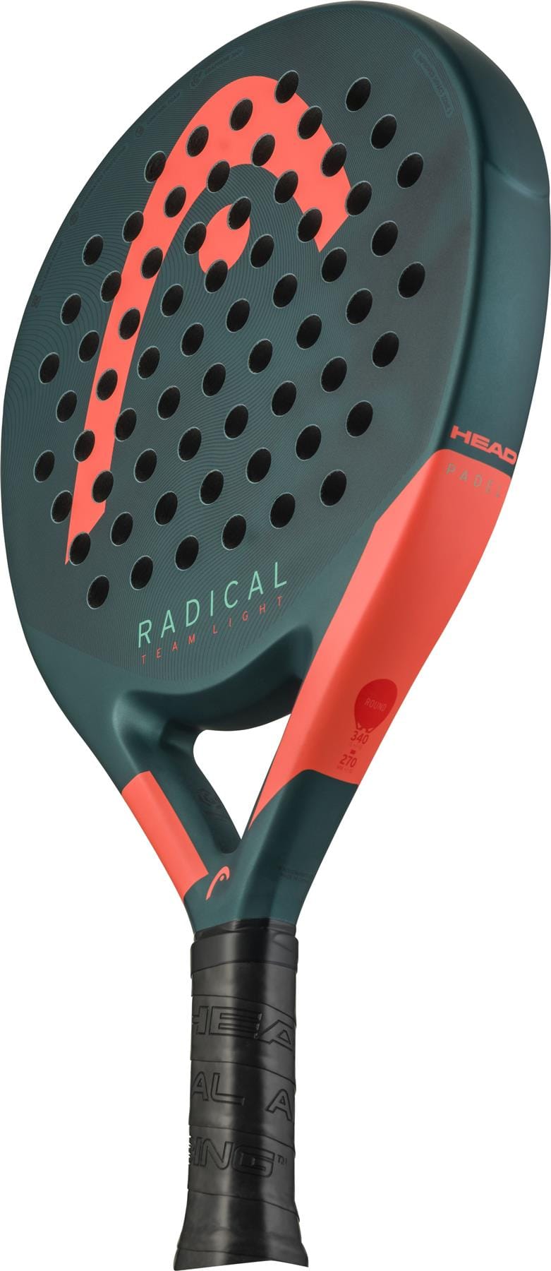 The HEAD Radical Team Light 2026 Padel Racket in green and orange features a lightweight build for easy handling, a perforated face, and distinctive branded text on the frame and handle for style on the court.