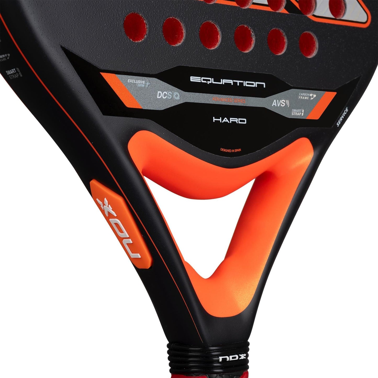 Close-up of the NOX Equation Hard Advanced 2026 Padel Racket handle, showing the NOX brand name, "Equation Hard" marking, anti-vibration system features, and technical specs on its black and orange surface.