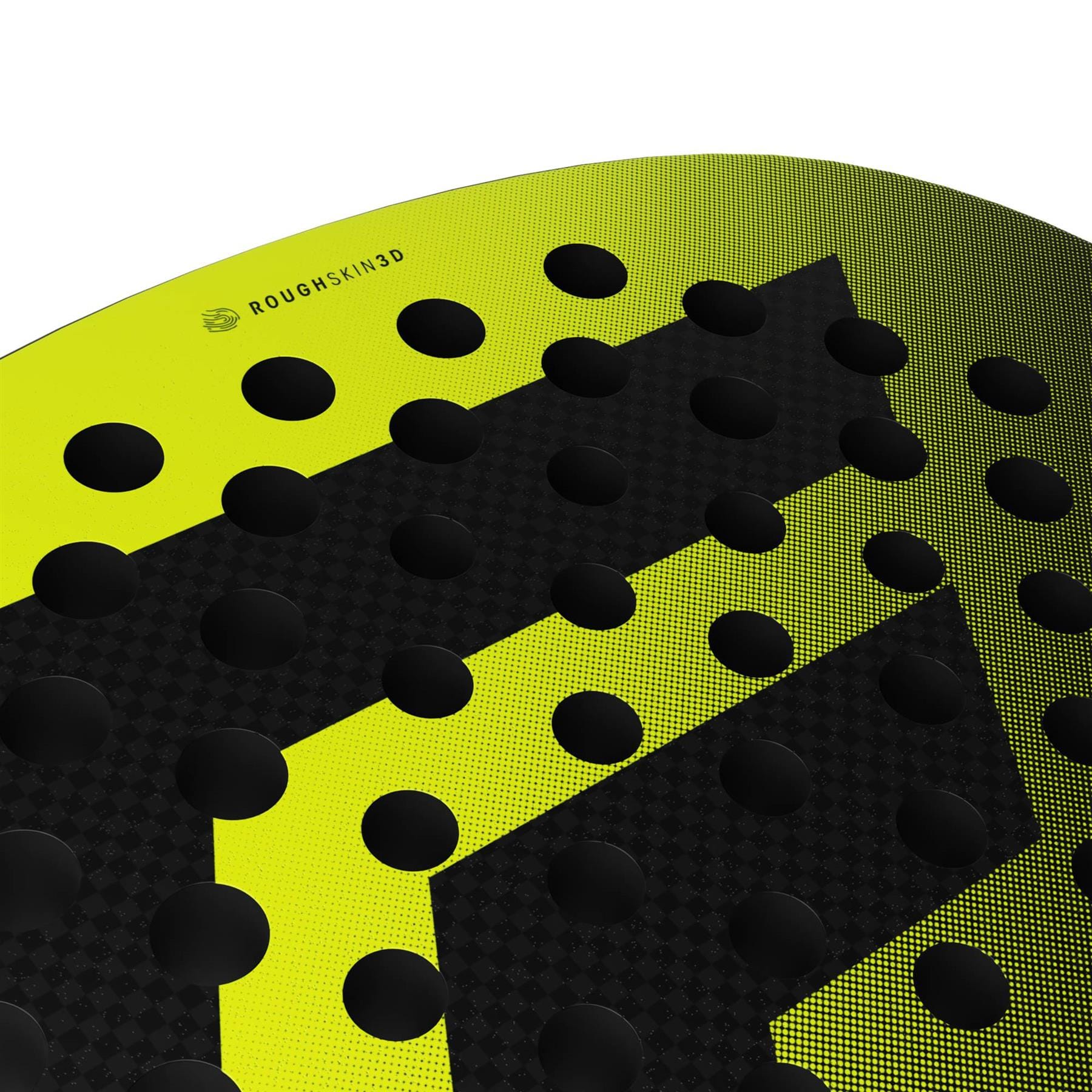 Close-up of the Tecnifibre Bomba Speed Padel Racket surface, showing raised black bumps on a yellow and black geometric design with “ROUGH SKIN 3D” near the top—perfect for offensive players. Brand: Tecnifibre.