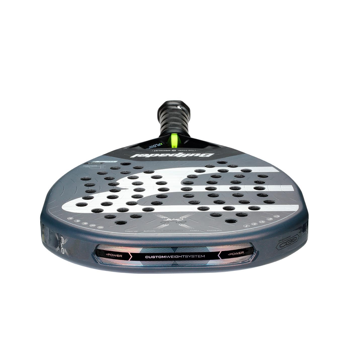 A close-up of the Bullpadel XPLO Comfort 2026 Padel Racket - Grey shows its black, gray, and silver design with multiple face holes and "Custom Weight System" branding near the handle for comfort and explosive power.