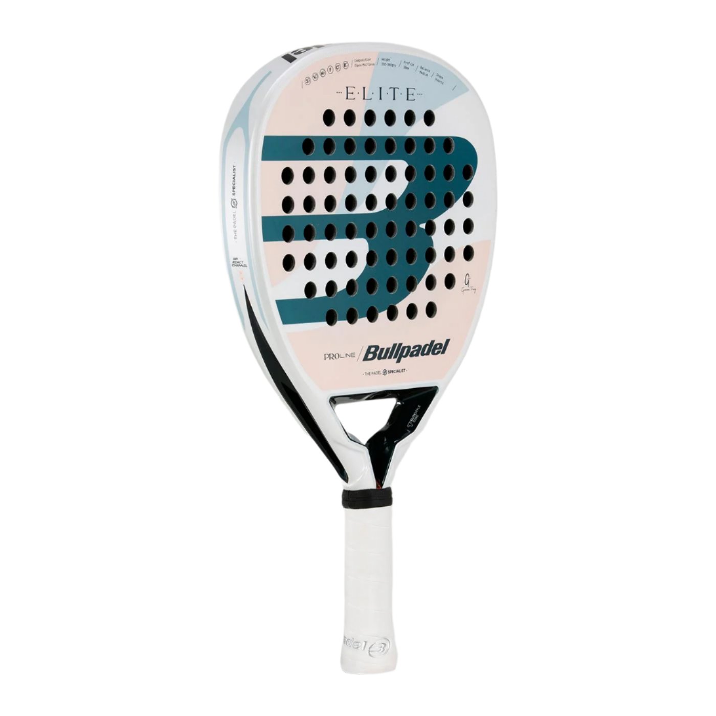 Introducing the Bullpadel Elite W 2025 padel racket, endorsed by Gemma Triay. It features a contemporary design with a striking "B" logo, blended white and pink colors, perforated holes for enhanced performance, and a comfortable white grip handle. The model name "ELITE" is tastefully showcased near the top.