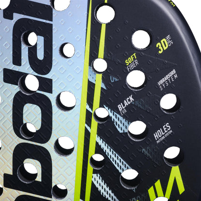 Close-up of the Babolat Counter Vertuo 2.6 Padel Racket by Babolat in black and gray, showing round holes, diagonal yellow accents, and advanced tech like SOFT FIBER, BLACK EVA, 3D pattern, and VIBRABSORB SYSTEM.