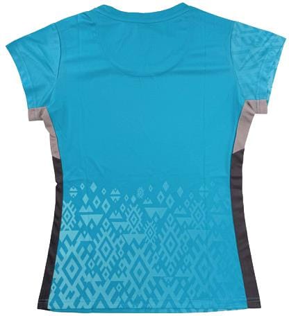 The Yonex YTL11 Womens Padel T-Shirt - Blue Sea features lightweight, quick-drying fabric, gray side panels, and a light blue geometric pattern on the lower back. The breathable shirt is shown flat to highlight its performance design.
