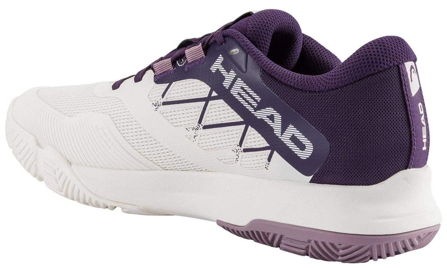 The HEAD Motion Team 1.5 Womens Padel Shoes in Chalk White/Purple feature a textured sole and breathable mesh, ideal for World Padel Tour style, shown from a rear side angle.