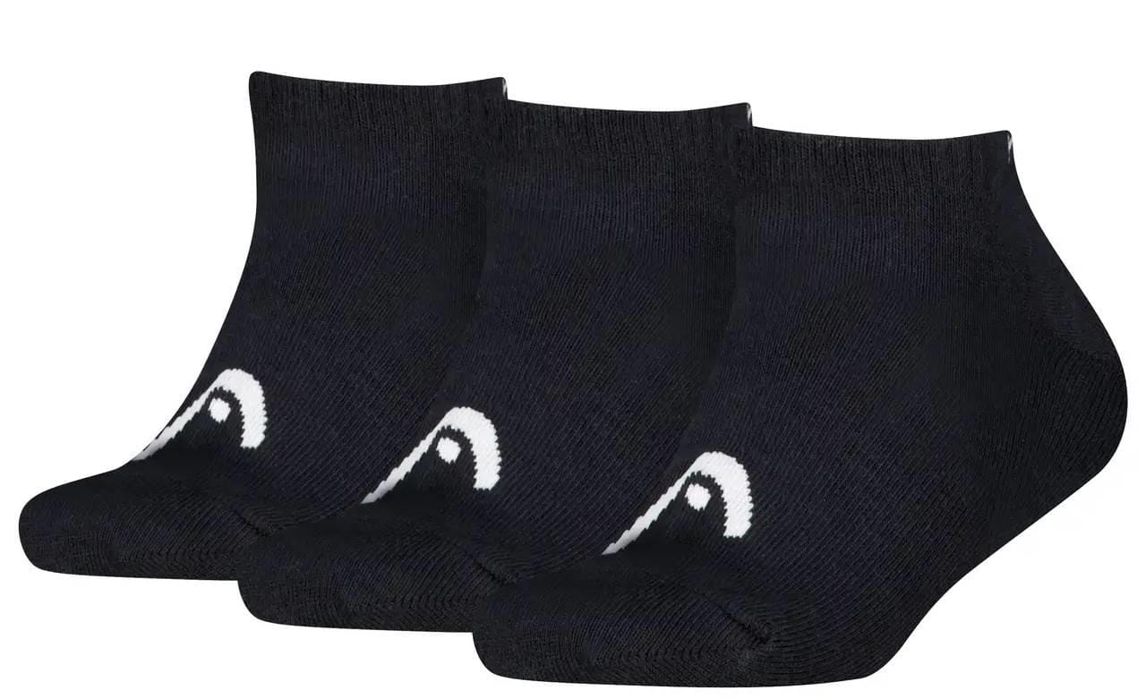 The HEAD All Sport Sneaker Padel Socks - Black (3 Pack) from HEAD features three pairs of black ankle socks with a white curved design near the toes and cushioned soles, displayed side by side on a plain white background.