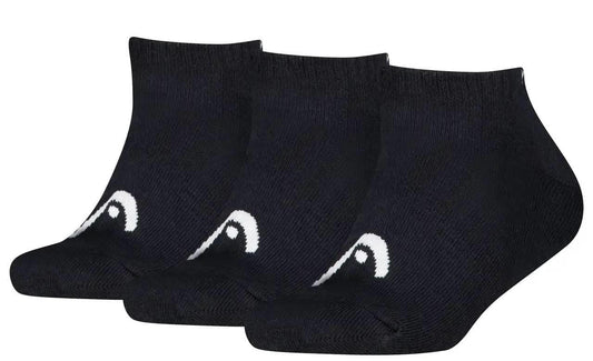 The HEAD All Sport Sneaker Padel Socks - Black (3 Pack) from HEAD features three pairs of black ankle socks with a white curved design near the toes and cushioned soles, displayed side by side on a plain white background.
