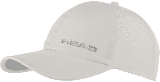 The HEAD Pro Player Padel Cap - White by HEAD features "HEAD" embroidery on the front, small side perforations for ventilation, and a lightweight design—ideal for padel tournaments.