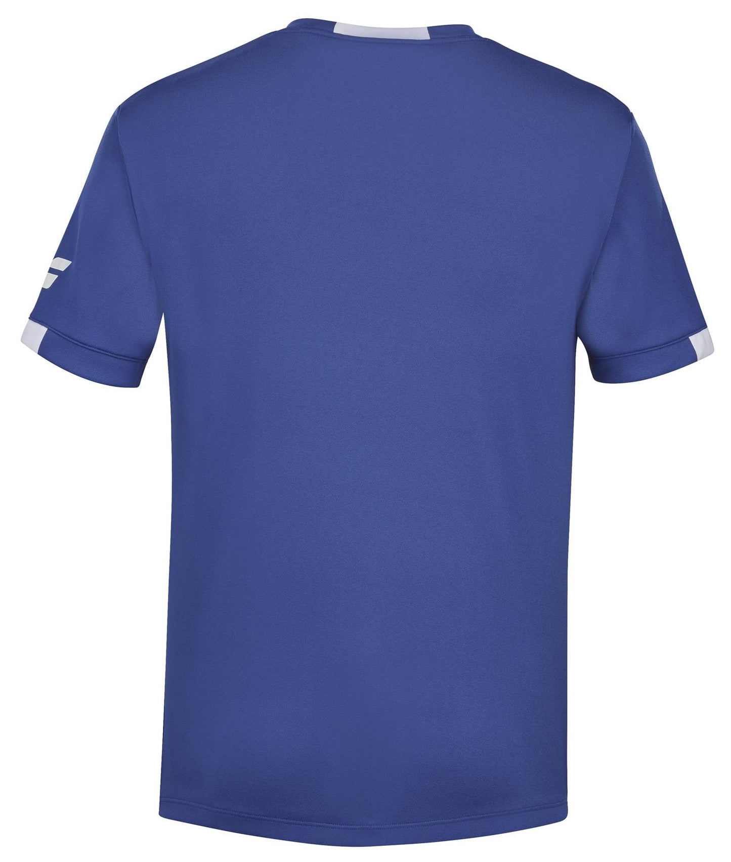 The Babolat Play Men's Crew Neck Padel T-Shirt in Sodalite Blue, shown from the back, is a short-sleeve sports jersey incorporating Fiber Dry technology. It features a sleek design with white accents on the sleeves and collar, giving it a smooth and fitted appearance.