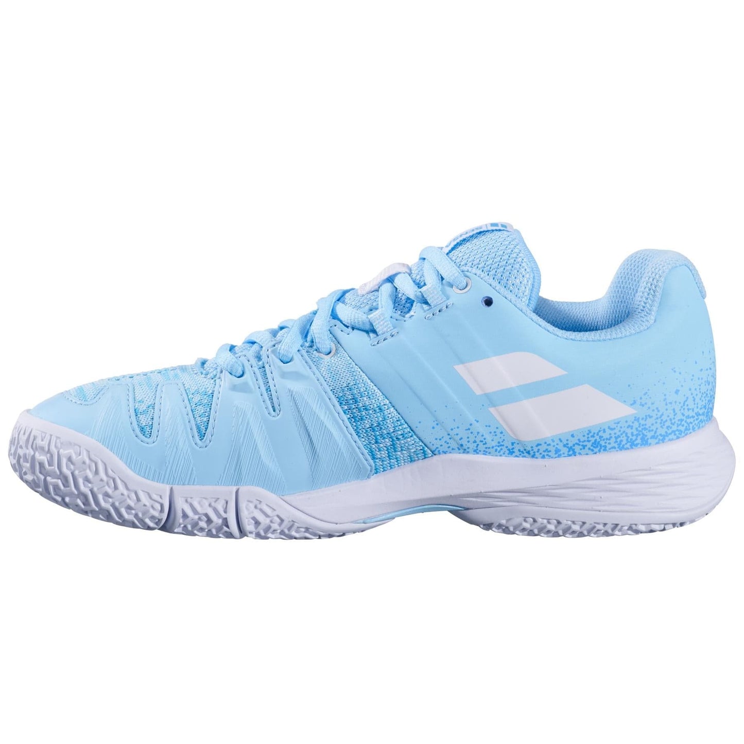 The Babolat Sensa Womens Padel Shoes in Sky Blue/Tigerlily feature white laces, a textured Michelin outsole for grip, lightweight design, and a white Babolat logo—perfect for sports or active wear.