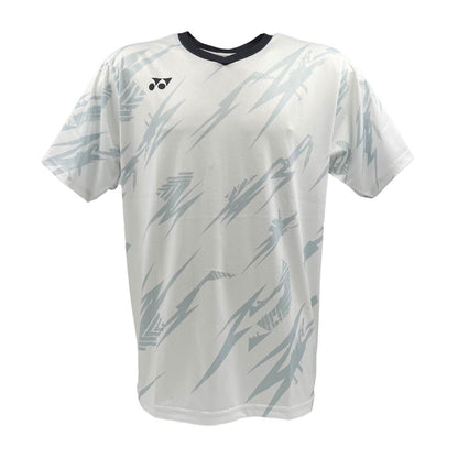 The Yonex YTM8 Men's Padel T-Shirt in White / Charcoal features breathable, moisture-wicking polyester with gray geometric patterns, a sleek black v-neck, and a brand logo on the upper left side for a dynamic and modern look.