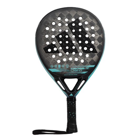 A close-up of the ADIDAS Cross It Light Padel Racket - Black highlighting its Carbon Aluminized 24K design, offering lightweight control and improved performance.