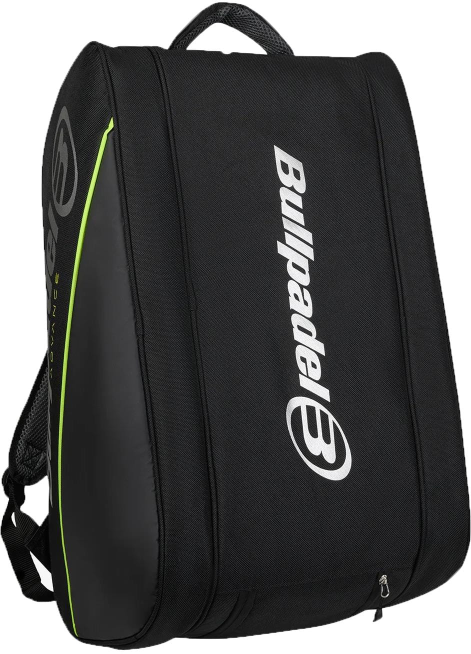 The Bullpadel BPP26014 Advance 2026 Padel Racket Bag in black/green has a top handle, backpack straps, side zipper pocket, thermal racket compartments, and features the Bullpadel logo.