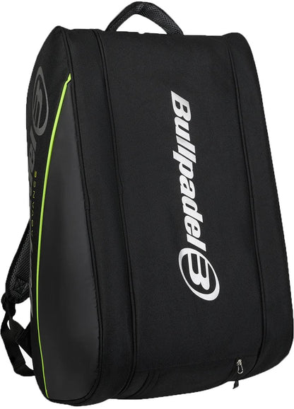 The Bullpadel BPP26014 Advance 2026 Padel Racket Bag in black/green has a top handle, backpack straps, side zipper pocket, thermal racket compartments, and features the Bullpadel logo.