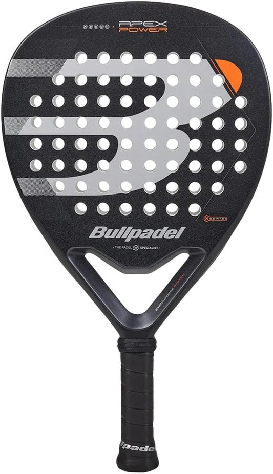 The Bullpadel Apex Power 2025 Padel Racket is a black, teardrop-shaped intermediate racket with white and orange accents, grip-taped handle, multiple face holes, and Bullpadel branding on the throat and handle.