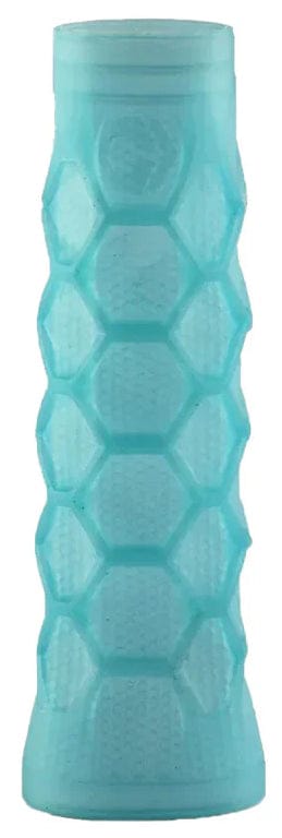 The Bullpadel Hesacore Gel Padel Grip - Blue features a light blue, translucent gel with a honeycomb pattern and ergonomic cylindrical shape, slightly wider at the ends for comfort—perfect as a stylish, high-quality grip by Bullpadel.