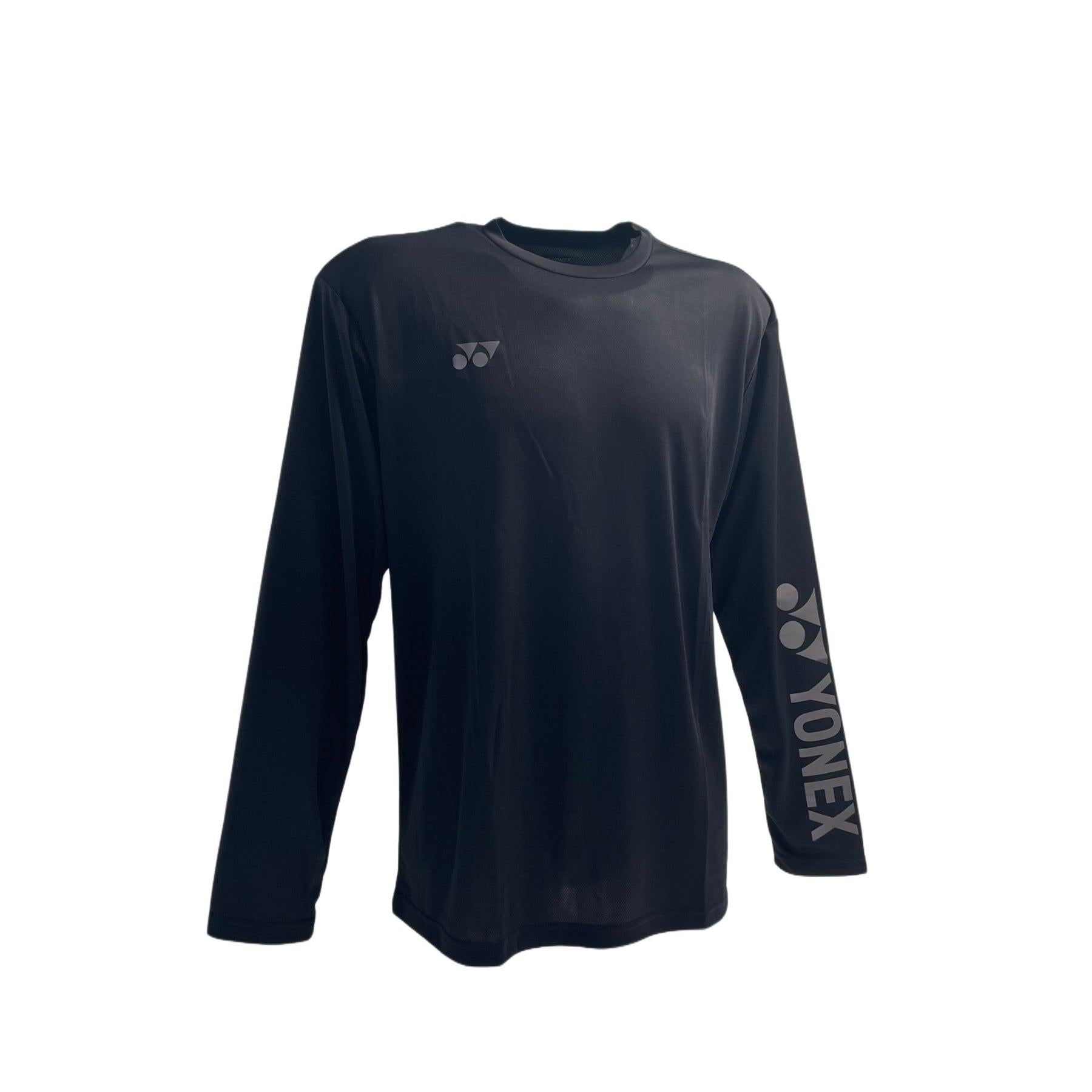 The Yonex YLSS2024 Unisex Padel Long Sleeve T-Shirt in black, ideal for padel, showcases a logo on the chest and sleeve. Made from moisture-wicking fabric, it is set against a crisp white background.