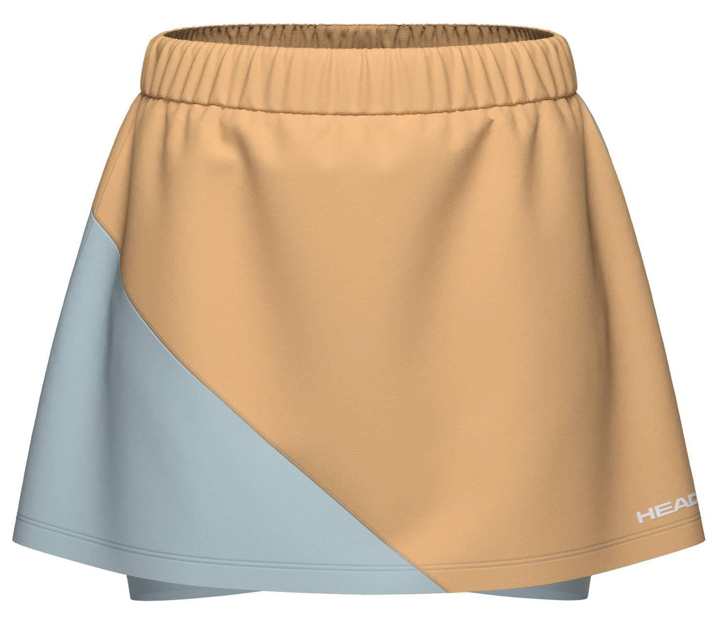 The HEAD Dynamic Womens Padel Skort in apricot and light blue features an elastic waistband, 4-way stretch for comfort, color block design, and a white HEAD logo near the hem.