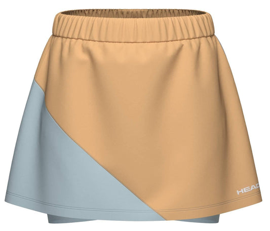 The HEAD Dynamic Womens Padel Skort in apricot and light blue features an elastic waistband, 4-way stretch for comfort, color block design, and a white HEAD logo near the hem.