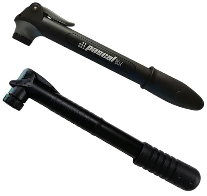 Two compact black Bullpadel Pascal Padel Ball Pressuriser tubes for 3 balls, shown against a white background. Both feature ergonomic handles and nozzle attachments—ideal for maintaining padel ball pressure or as bike tire pumps.