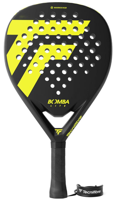 The Tecnifibre Bomba Lite Padel Racket features a black and yellow design, fibreglass face, perforated head, textured grip, and an attached wrist strap.