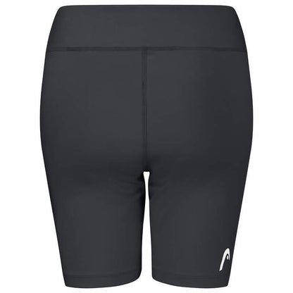 Back view of the HEAD Vision Women's Short Tights in black, showcasing a small white logo near the bottom of one leg. These tights by HEAD feature smooth fabric and a high waistband, enhanced with advanced Moisture Transfer Microfiber technology for superior comfort.