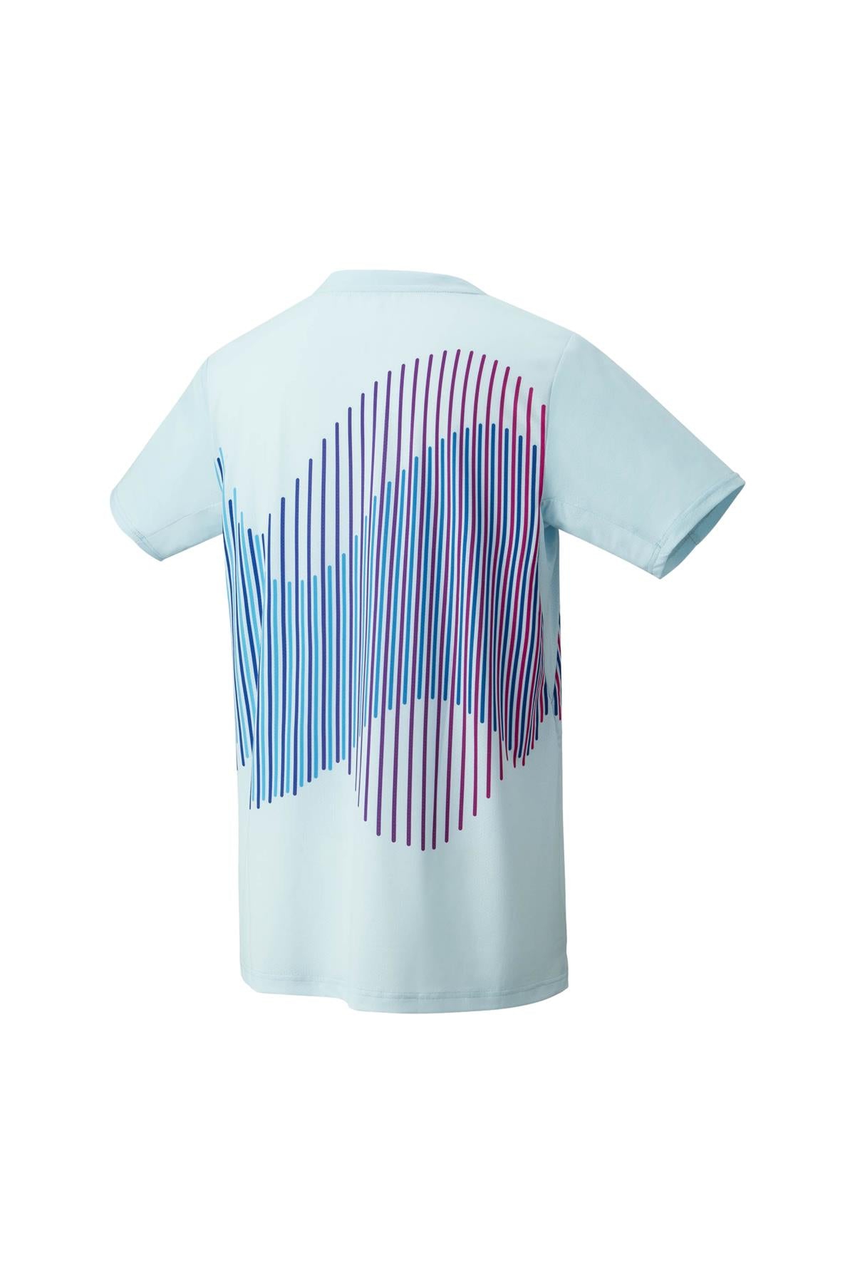 The Yonex 10562 Crew Neck Men's Padel T-Shirt in Crystal Blue features a vibrant design with curved lines in purple and pink hues on the back. Enhanced with VeryCool technology, it offers ultraviolet reduction for exceptional comfort and protection.