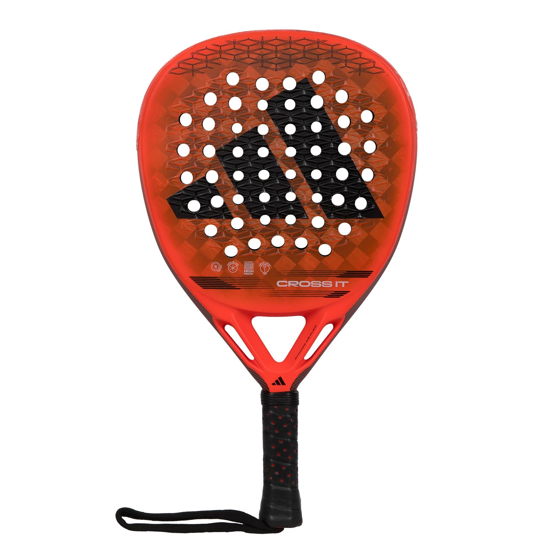 The ADIDAS Cross It Padel Racket - Red, from adidas, features an eye-catching red and black design with the innovative Spin Blade Mold that boosts power and spin. Its stylish textured pattern includes multiple holes, complemented by a prominent black logo on the face. For secure play, the handle is fitted with a black grip and wrist strap.